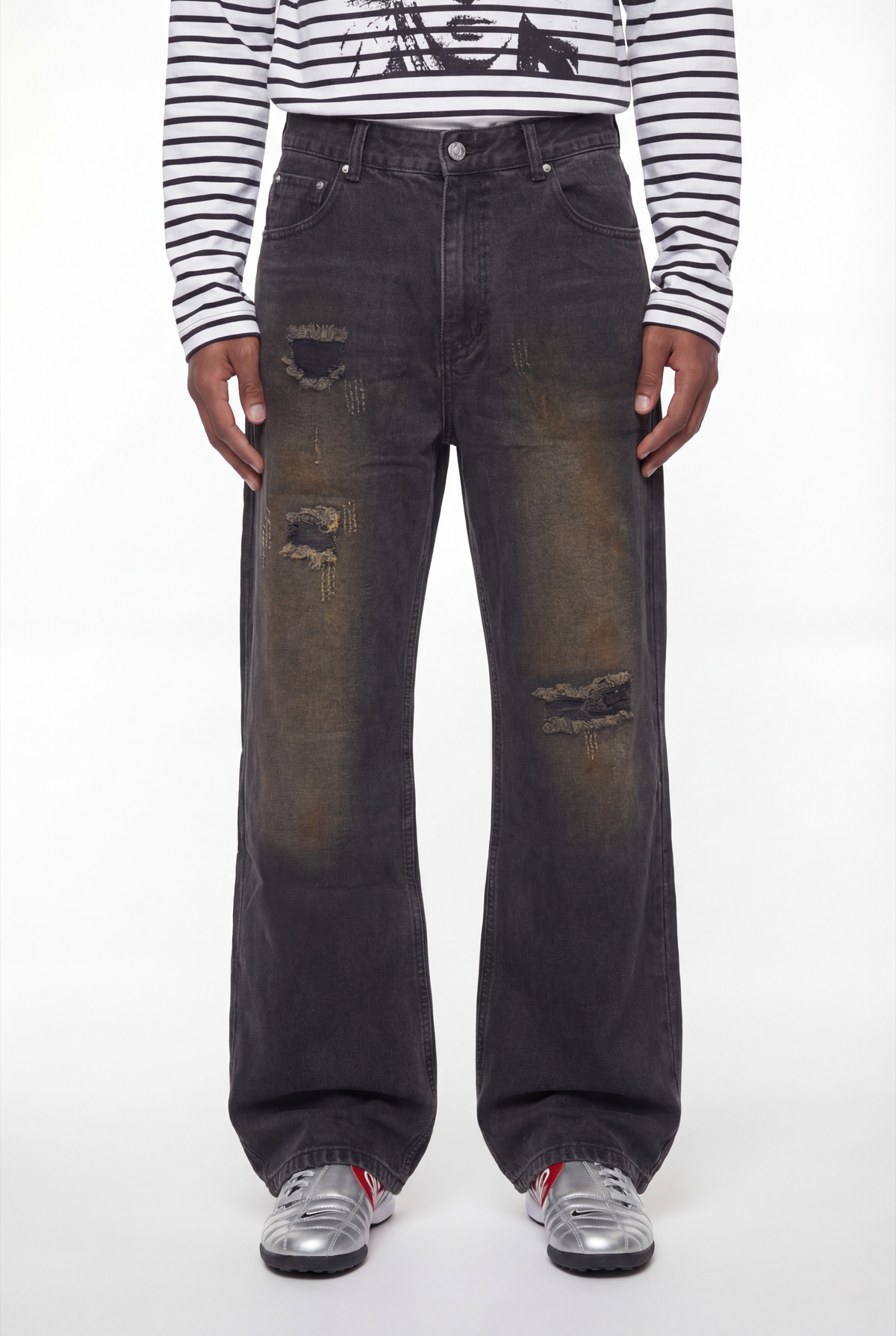 Black Mud-Washed Distressed Baggy Wide-Leg Jeans