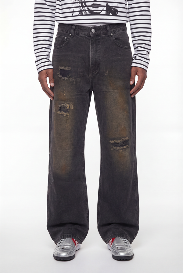 Black Mud-Washed Distressed Baggy Wide-Leg Jeans