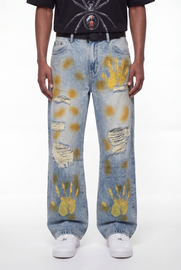 Light Blue Yellow Handprint Ripped Baggy Jeans