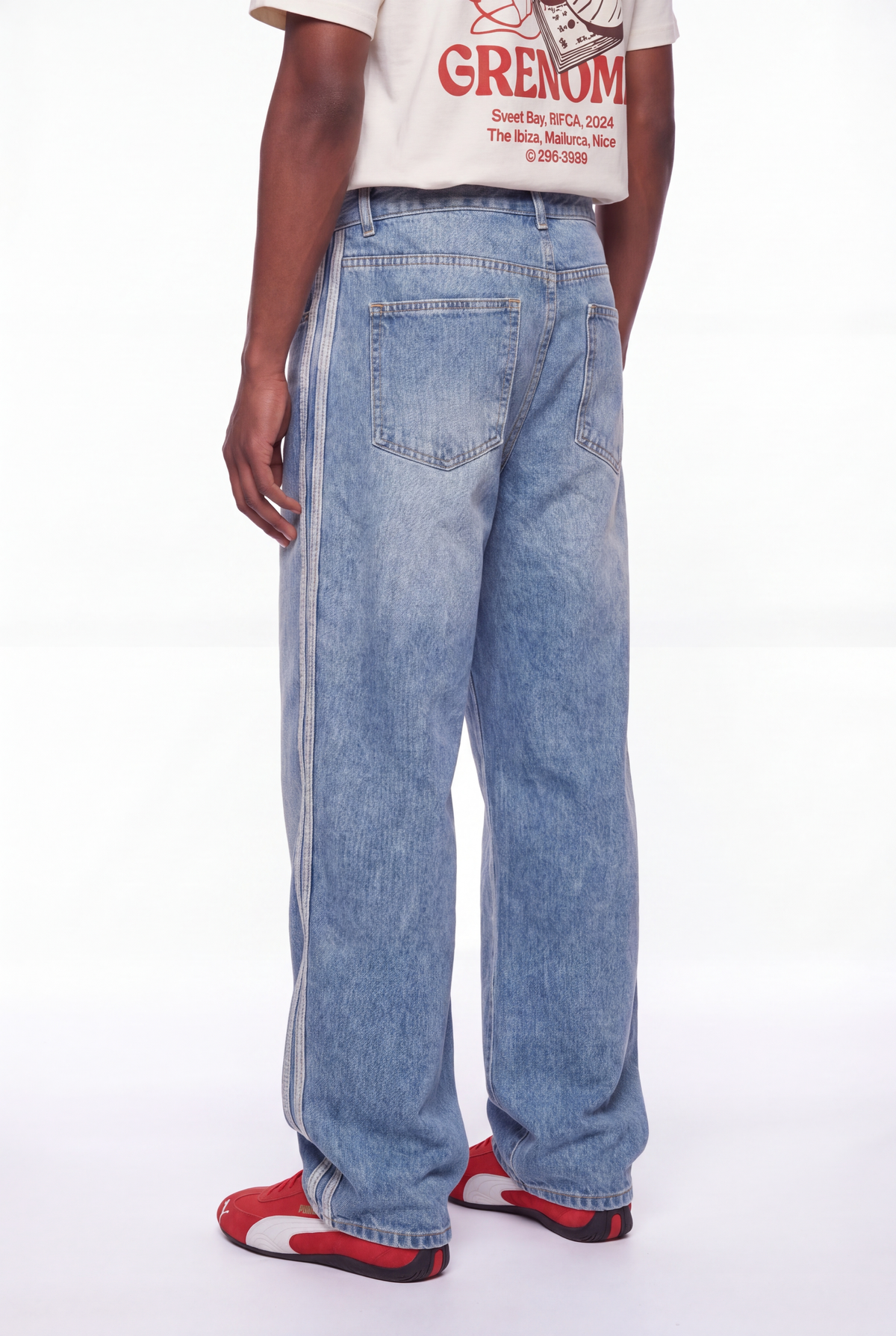 Medium Blue Wide-Leg Jeans White Side Stripe