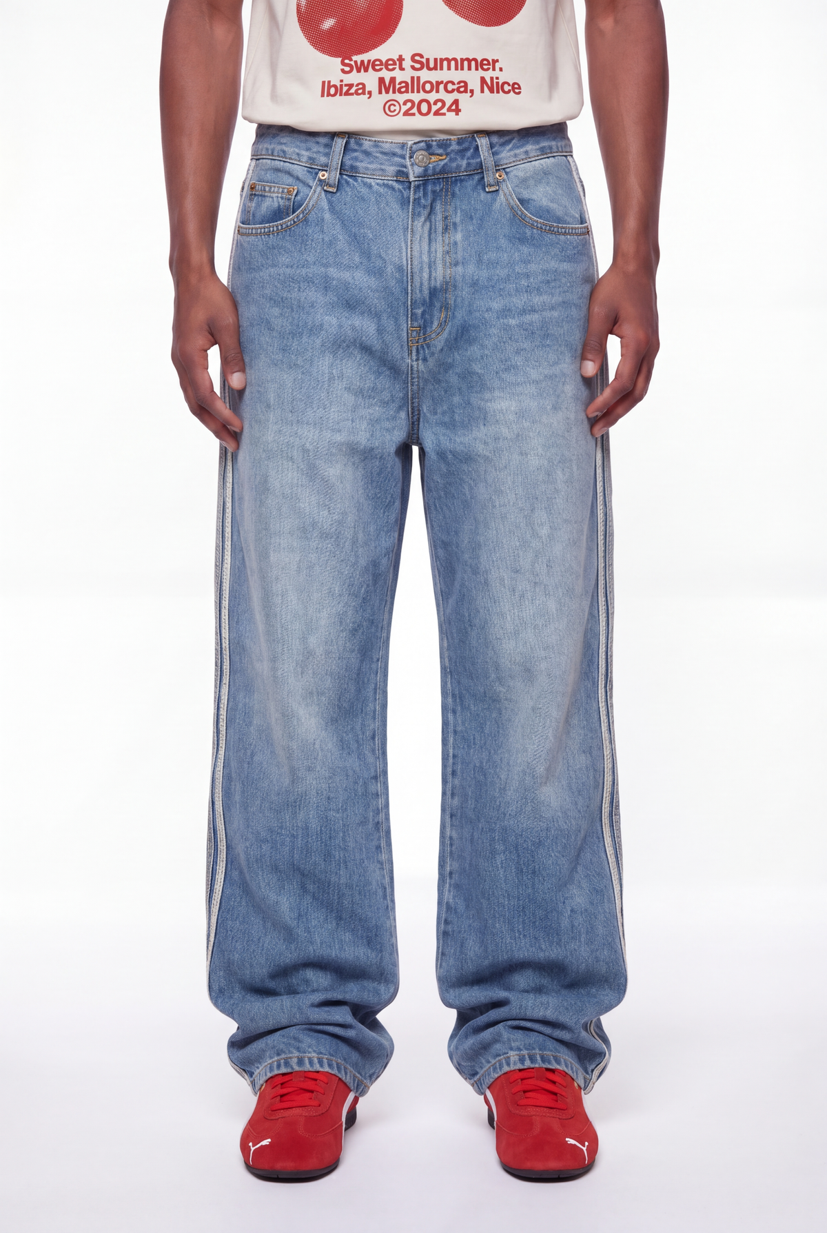 Medium Blue Wide-Leg Jeans White Side Stripe