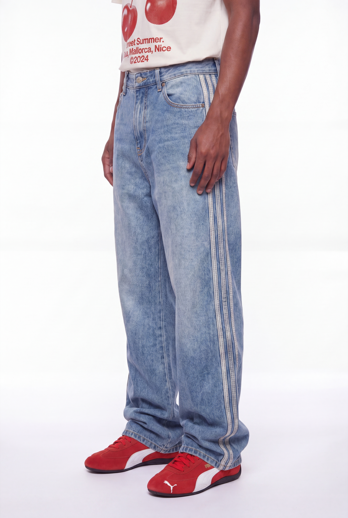 Medium Blue Wide-Leg Jeans White Side Stripe