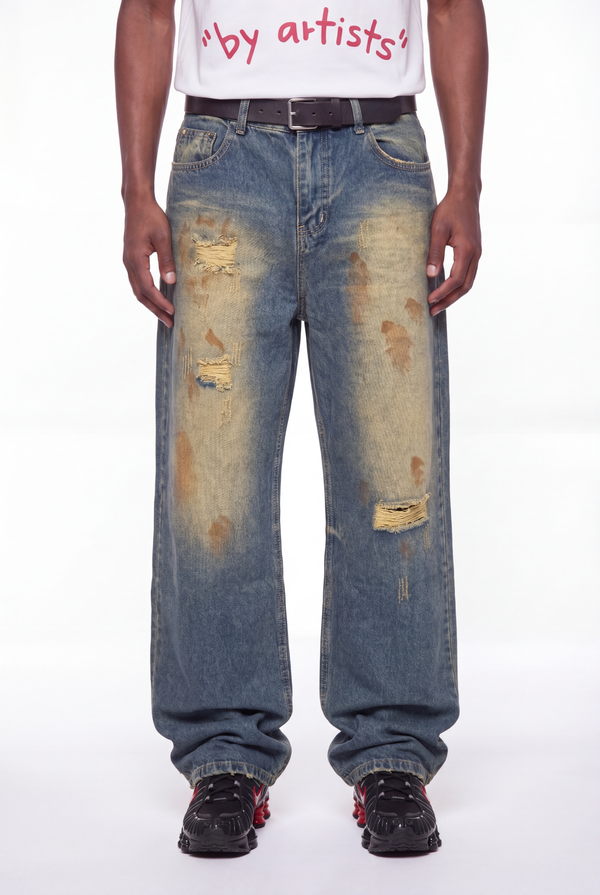 Light Blue Extreme Dirty-Wash Baggy Jeans