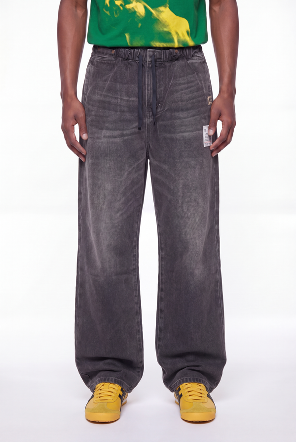 Dark Charcoal Denim Joggers Tan Leather Back Pocket