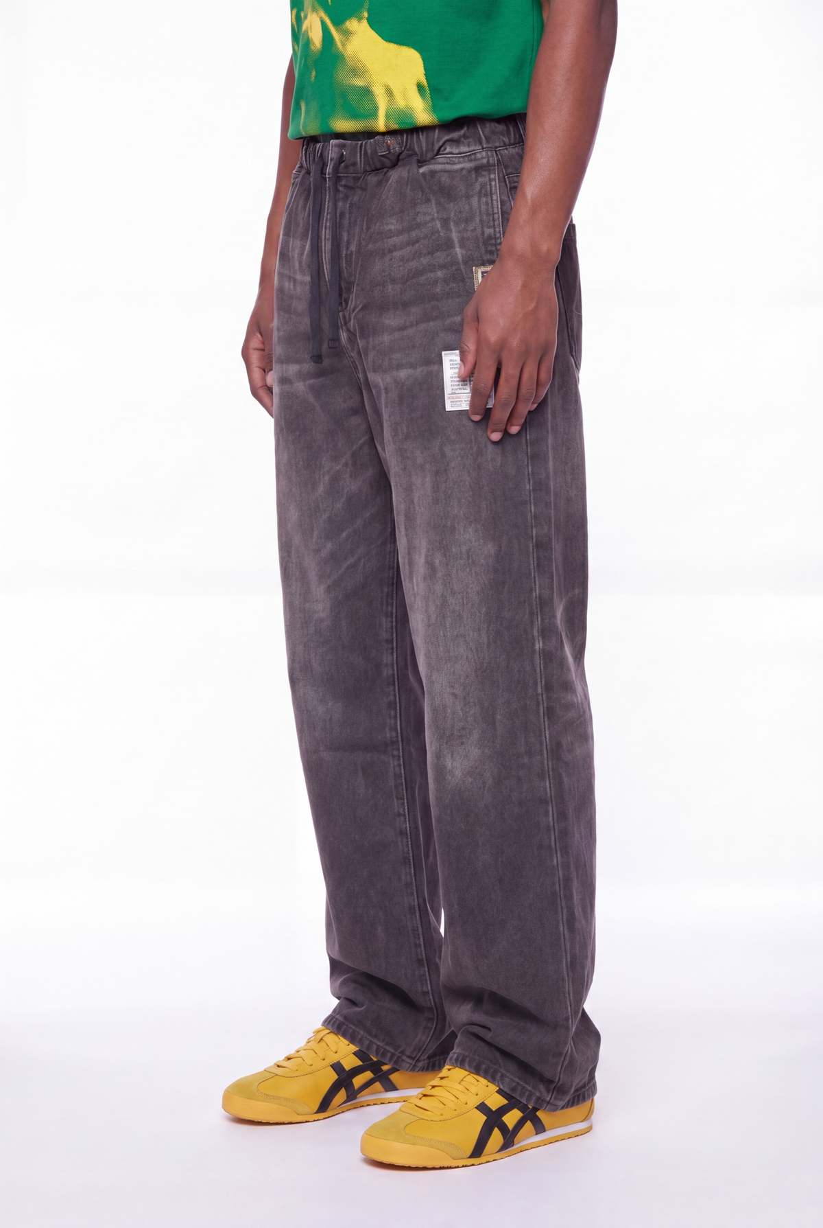 Dark Charcoal Denim Joggers Tan Leather Back Pocket