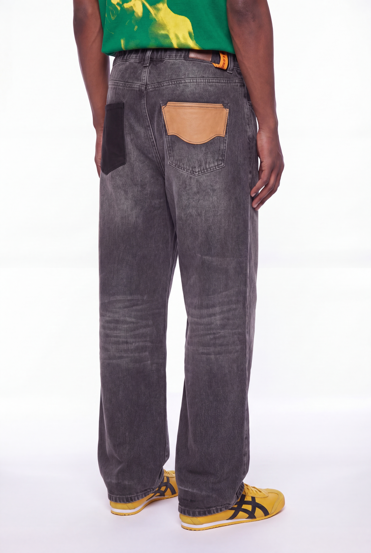 Dark Charcoal Denim Joggers Tan Leather Back Pocket