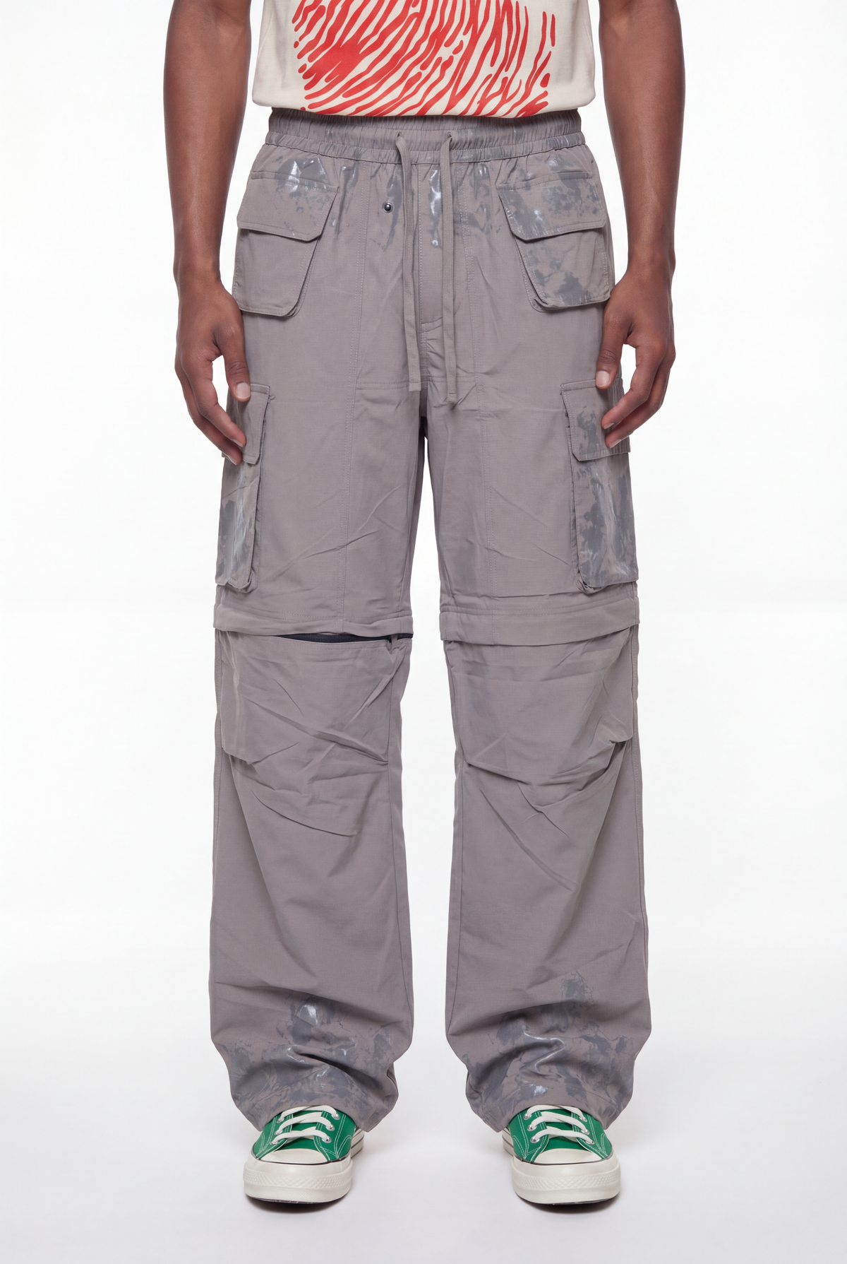 Grey Nylon Zip-Off Convertible Wide-Leg Cargo Pants