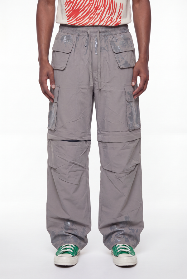 Grey Nylon Zip-Off Convertible Wide-Leg Cargo Pants