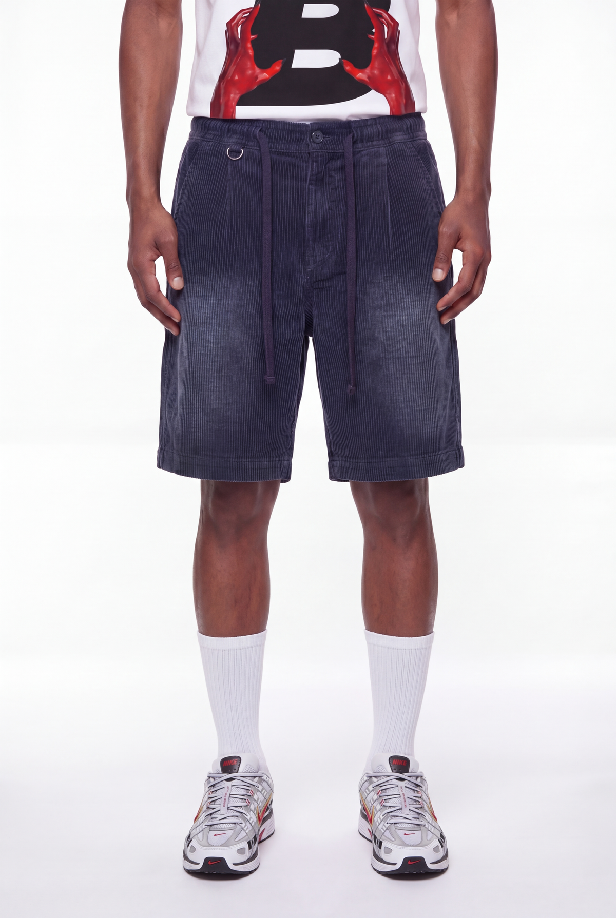 Dark Navy Washed Corduroy Drawstring Shorts