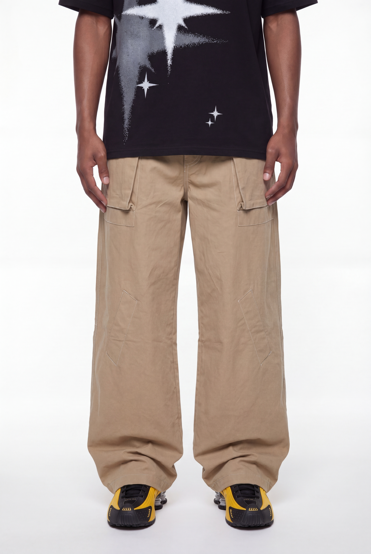 Khaki Wide-Leg Drawstring Canvas Pants