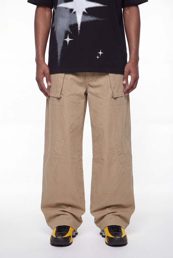 Khaki Wide-Leg Drawstring Canvas Pants