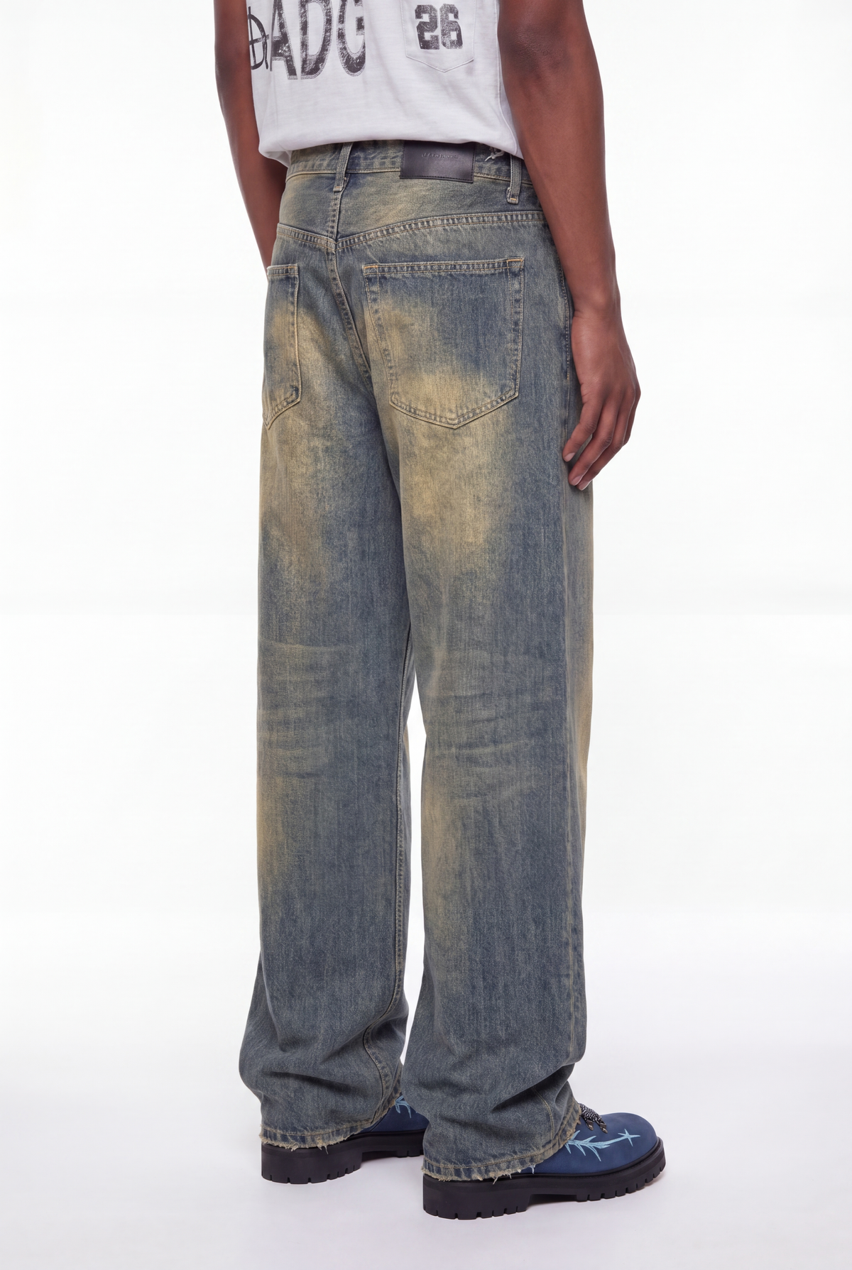 Blue Yellow-Faded Dirty-Wash Baggy Jeans