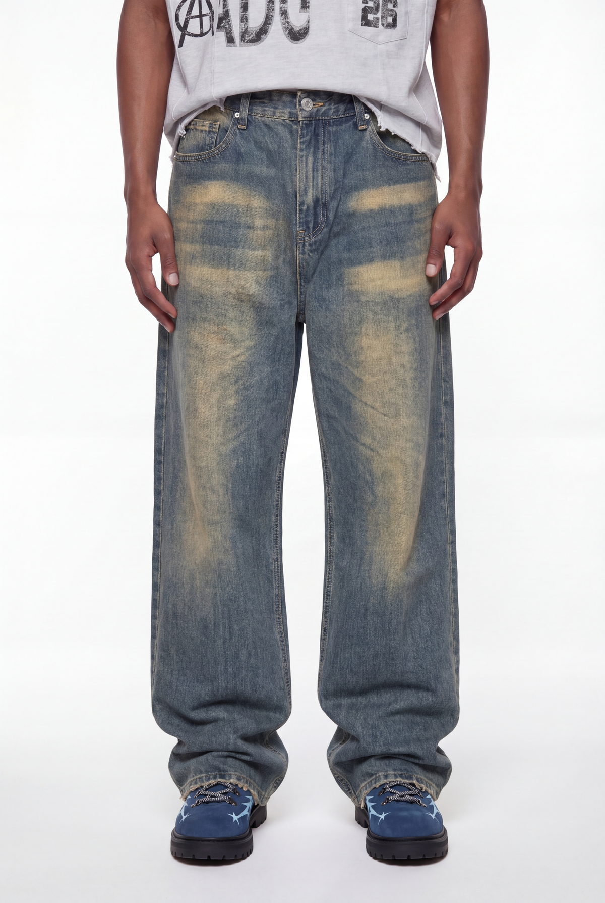 Blue Yellow-Faded Dirty-Wash Baggy Jeans