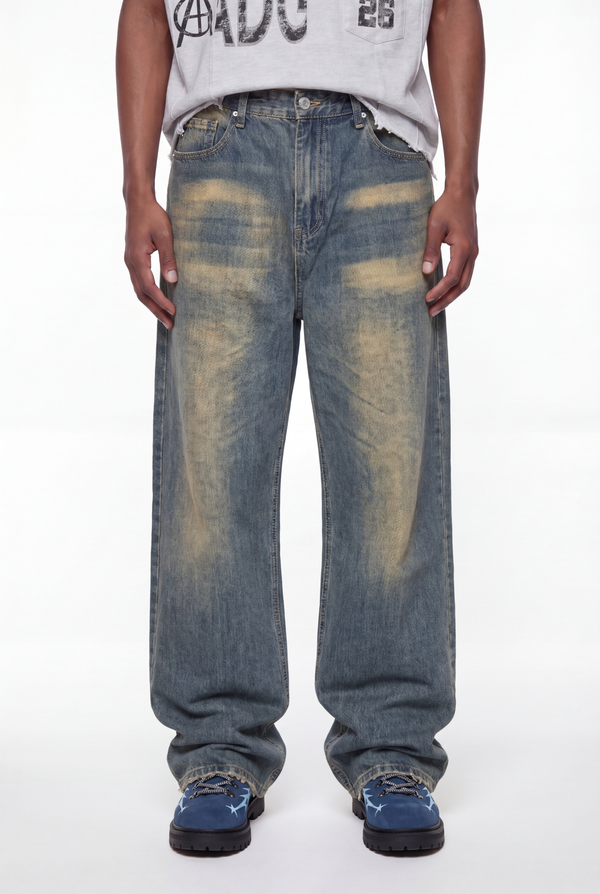 Blue Yellow-Faded Dirty-Wash Baggy Jeans