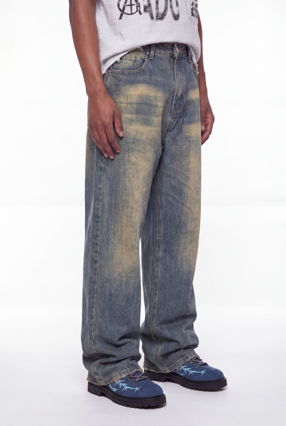 Blue Yellow-Faded Dirty-Wash Baggy Jeans