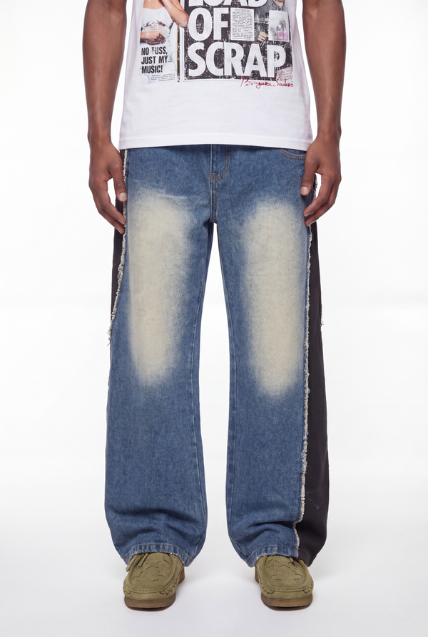 Blue Denim Black Side Panel Frayed Seam Jeans