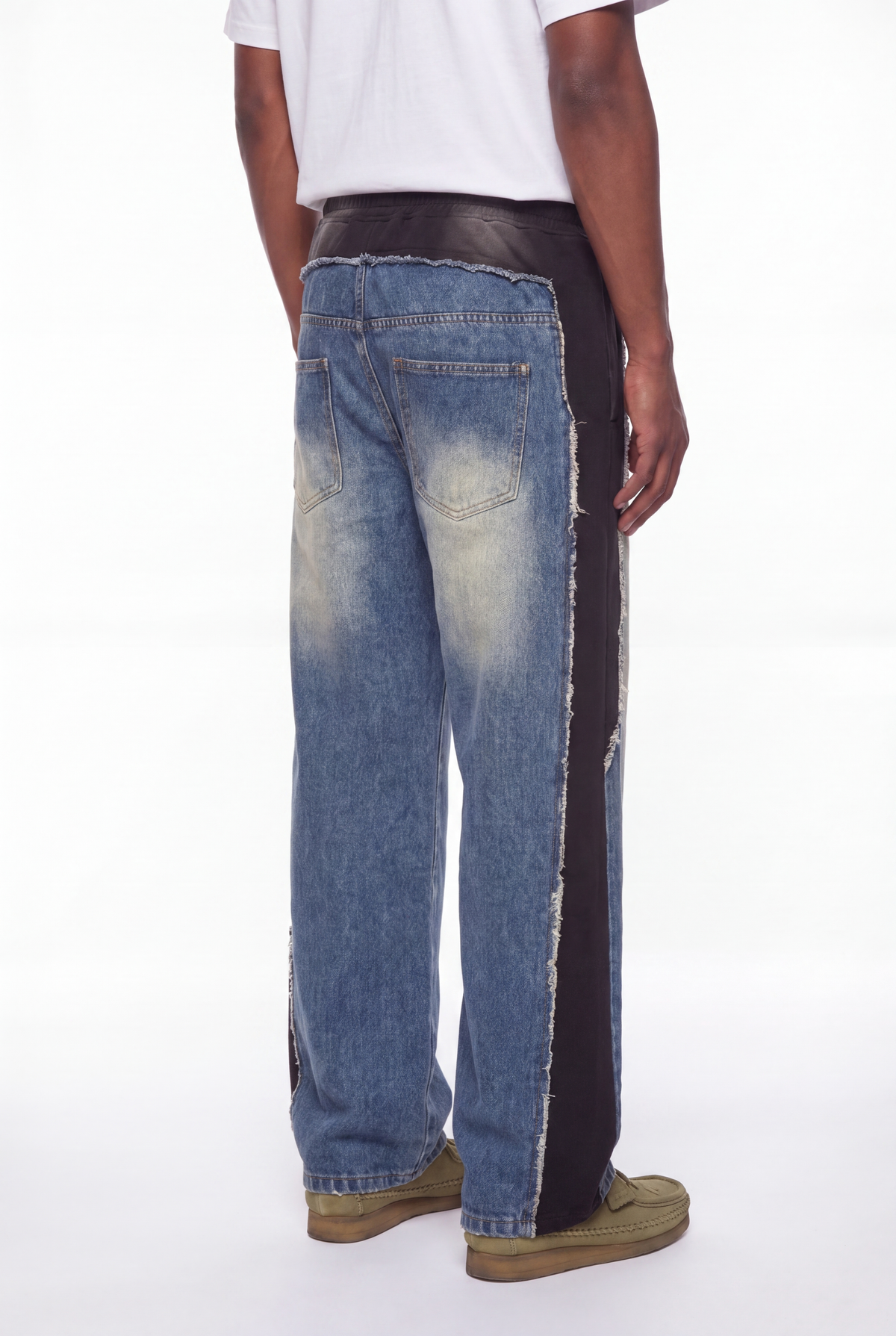 Blue Denim Black Side Panel Frayed Seam Jeans