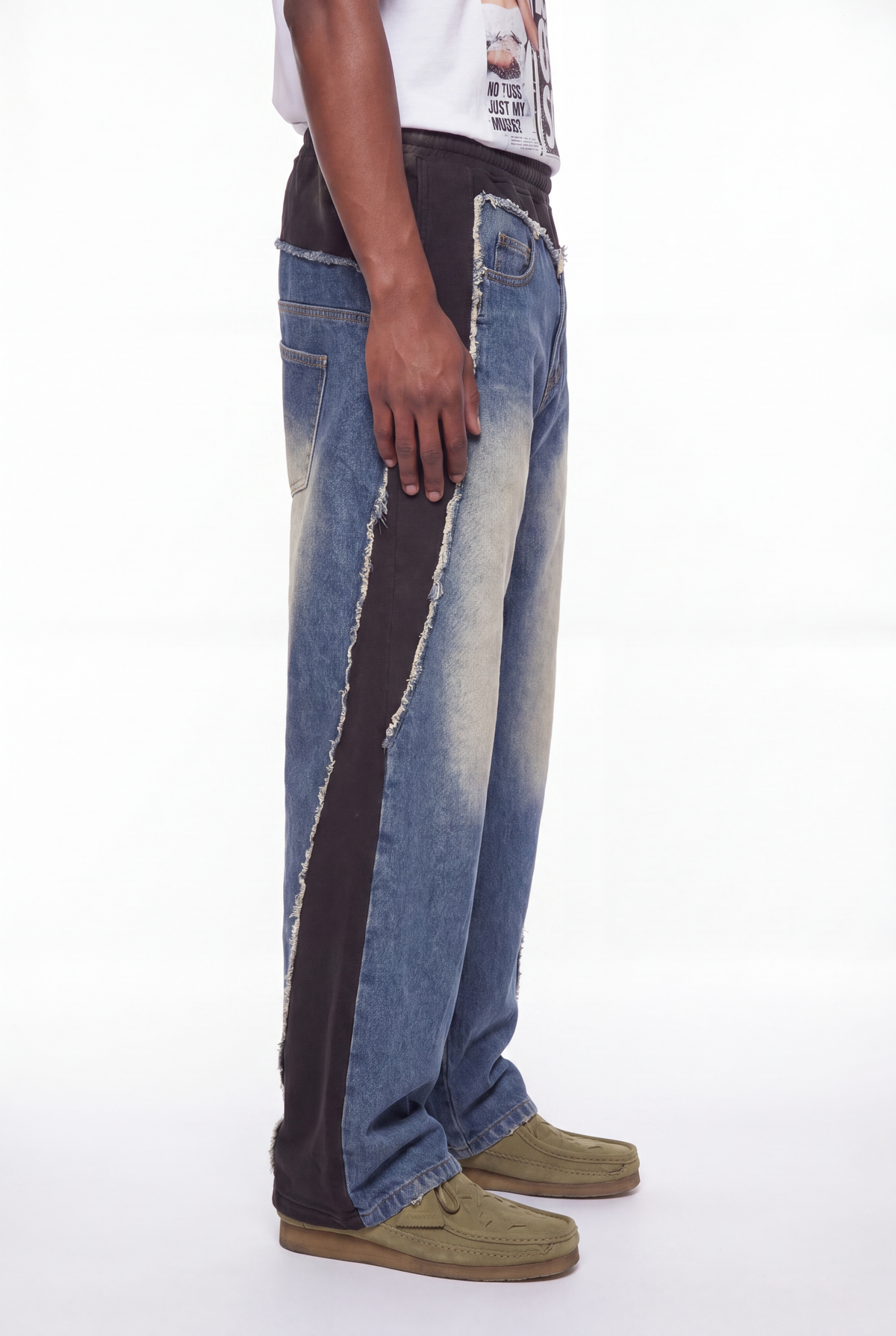 Blue Denim Black Side Panel Frayed Seam Jeans