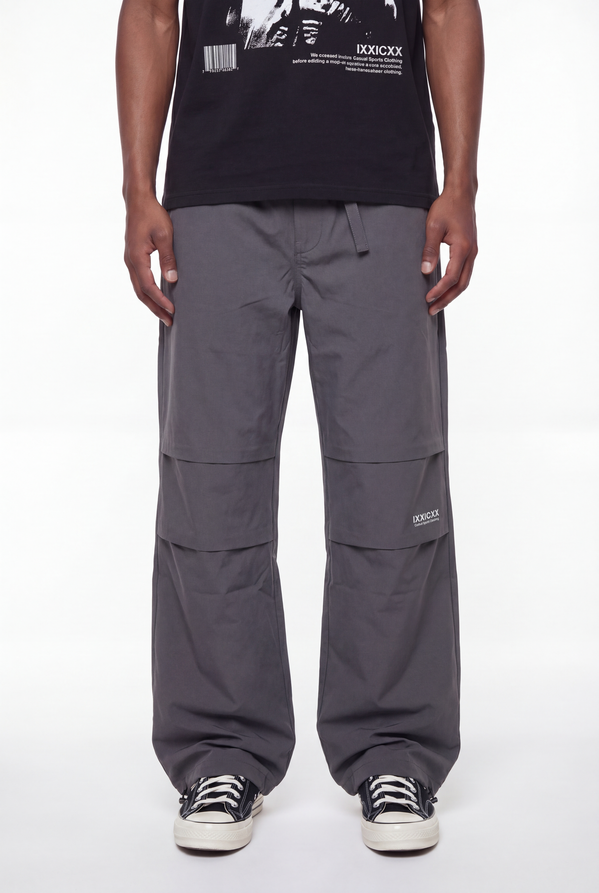 Charcoal Grey Tech Panelled Wide-Leg Parachute Pants