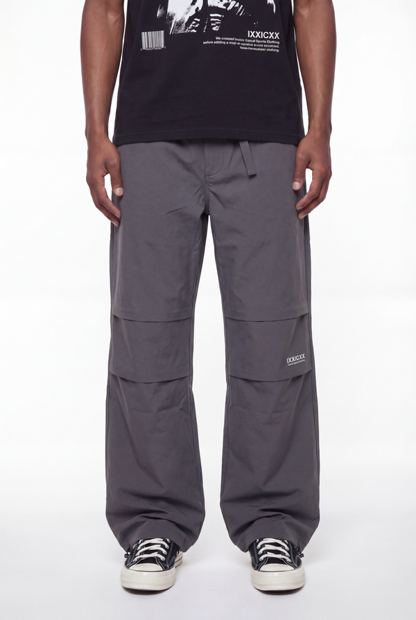 Charcoal Grey Tech Panelled Wide-Leg Parachute Pants
