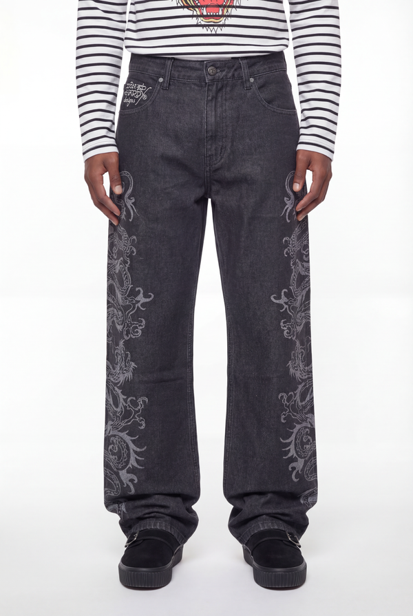 Black Dragon Tattoo Print Wide-Leg Denim Jeans
