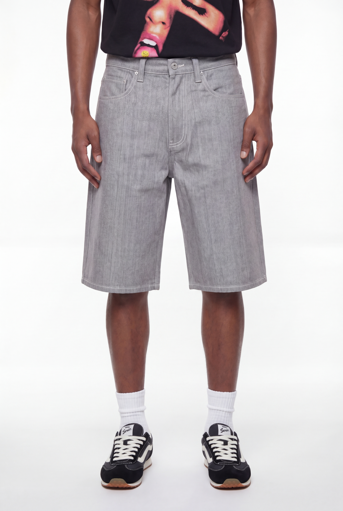 Light Grey Herringbone Denim Carpenter Shorts