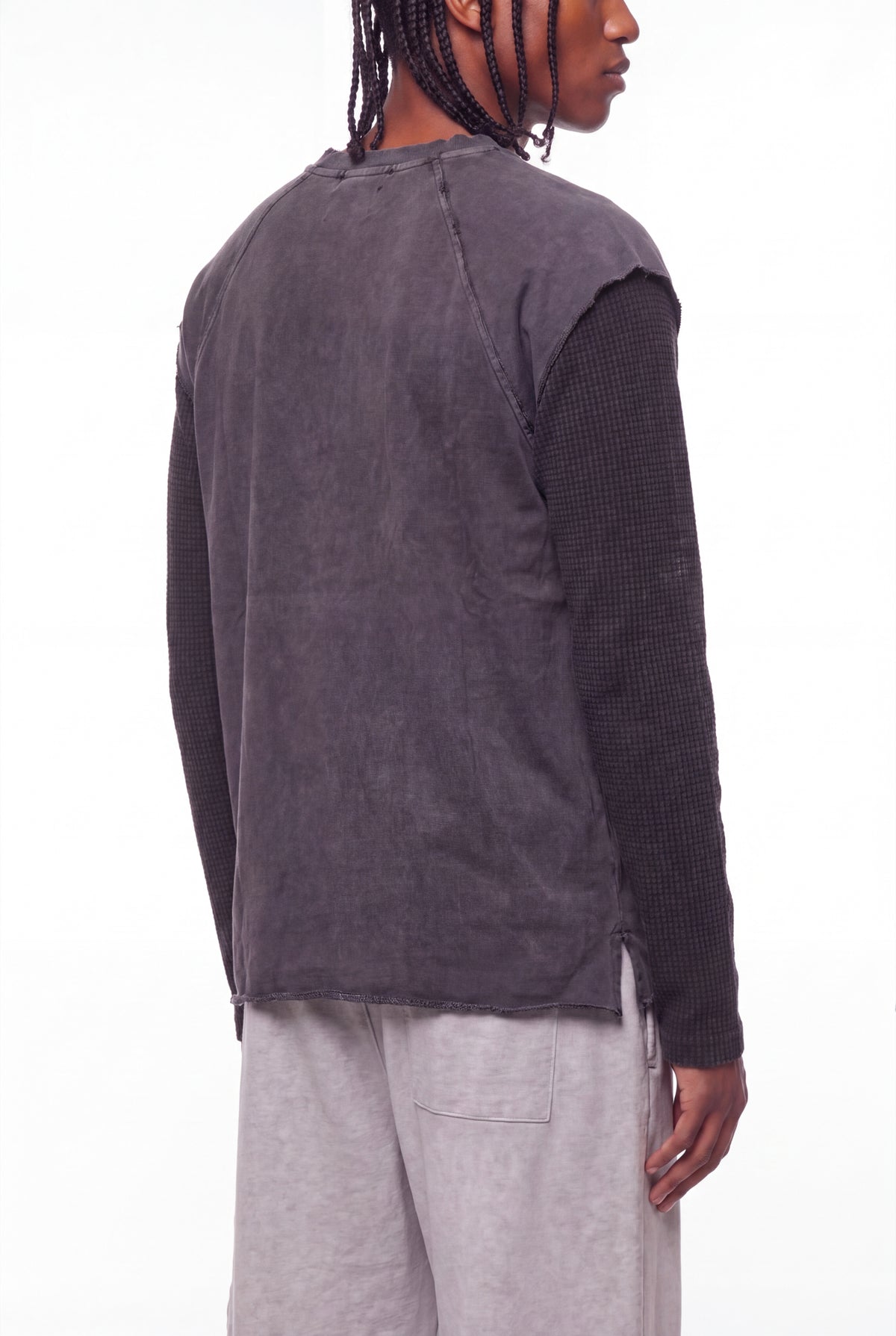 Washed Black Layered Waffle-Knit Long Sleeve