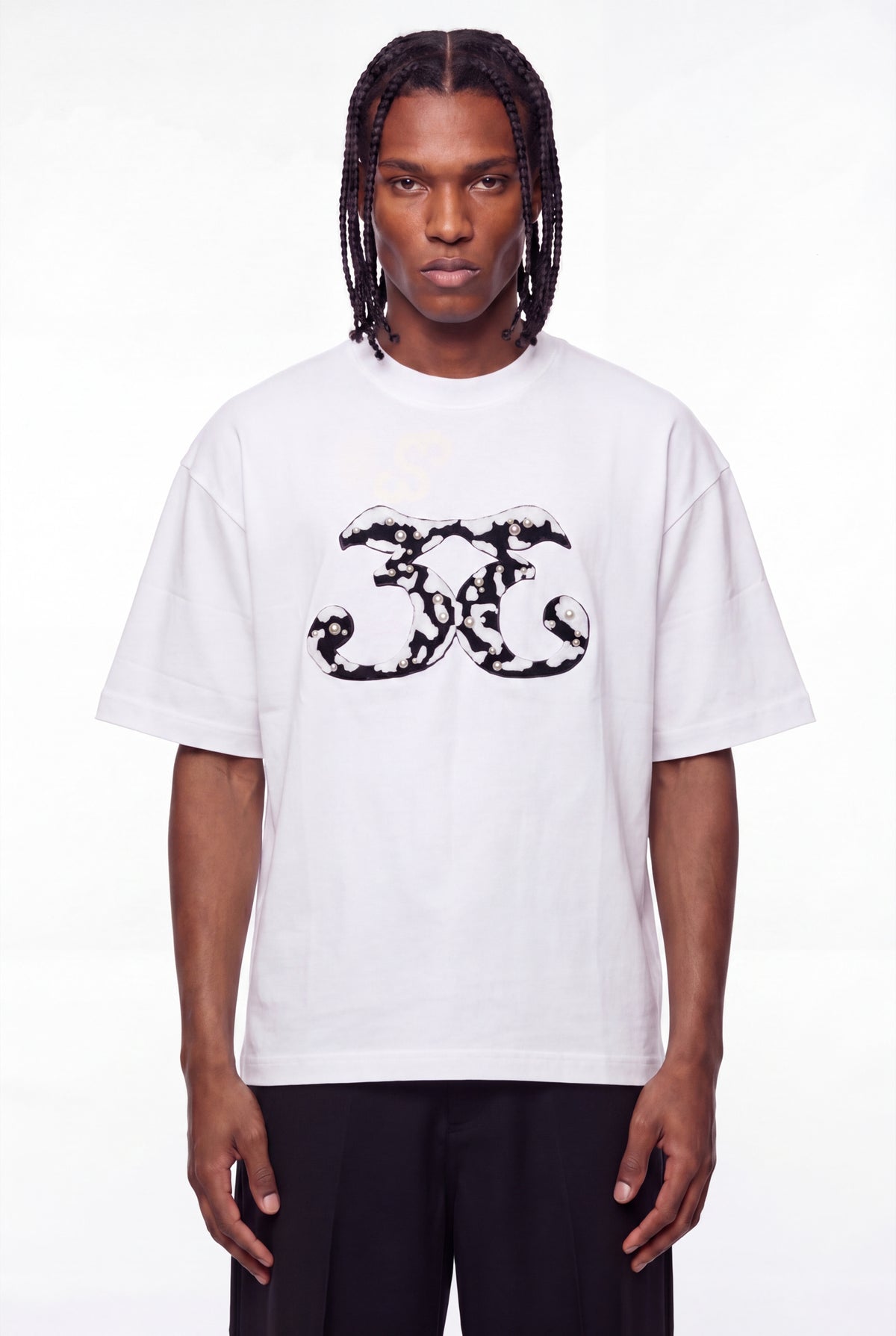 White Mirrored 33 Faux Pearl Stud T-Shirt