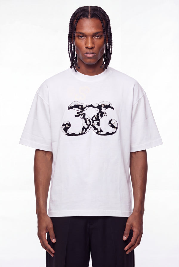 White Mirrored 33 Faux Pearl Stud T-Shirt