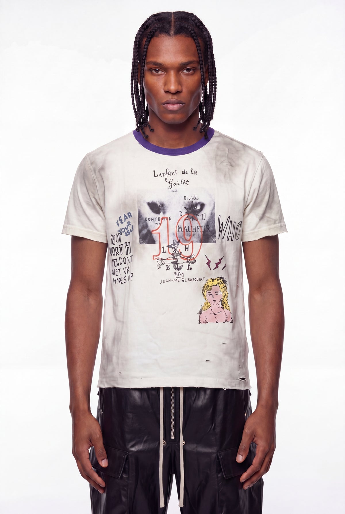 Washed White Basquiat Graphic Distressed T-Shirt