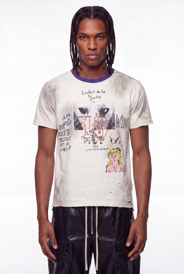 Washed White Basquiat Graphic Distressed T-Shirt