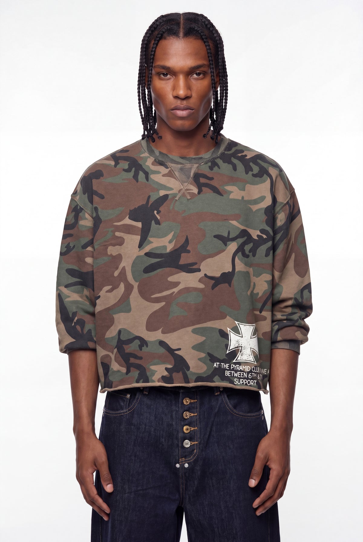 Camouflage Raw Hem Graphic Pullover