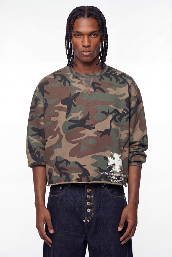 Camouflage Raw Hem Graphic Pullover