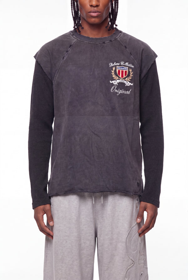 Washed Black Layered Waffle-Knit Long Sleeve