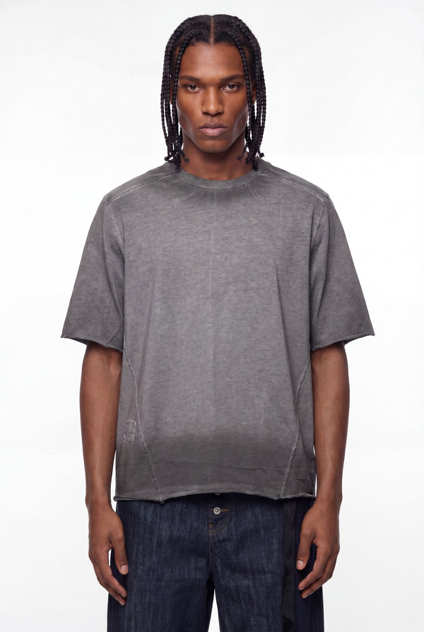 Washed Grey Diagonal Seam Hanging Strap T-Shirt