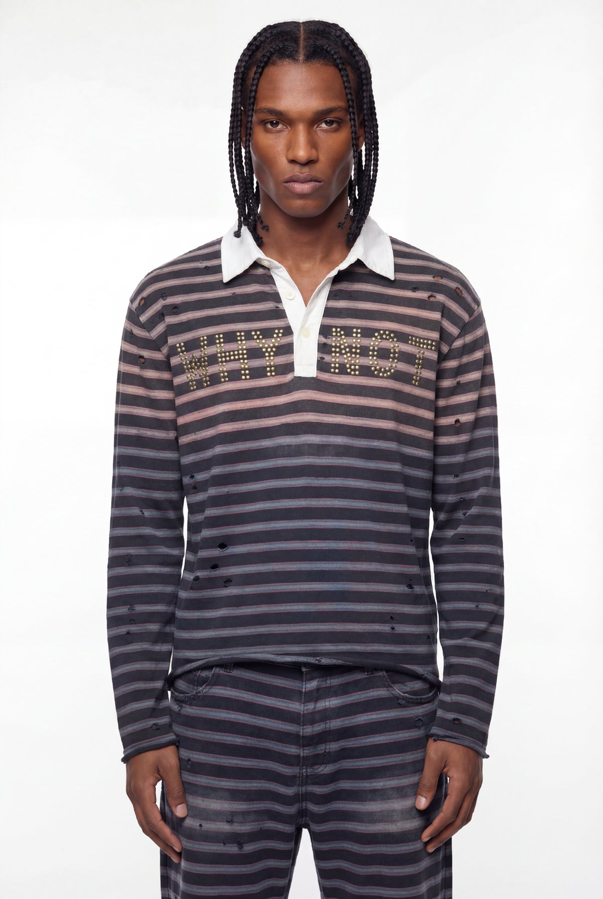 Black Striped Why Not Studded Long-Sleeve Polo
