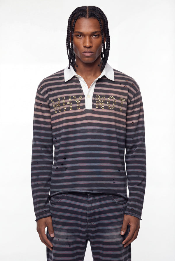 Black Striped Why Not Studded Long-Sleeve Polo