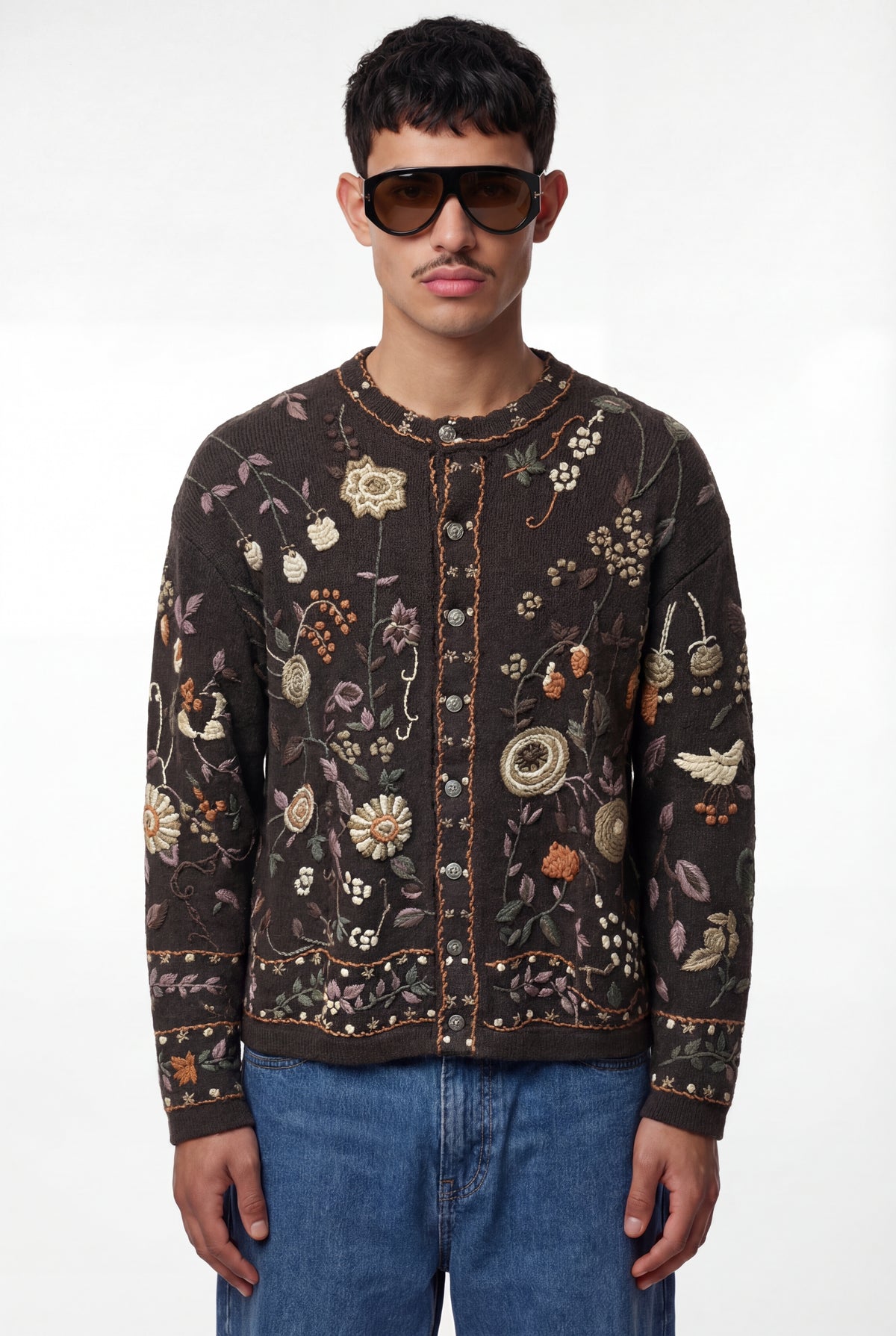 Dark Brown Floral Embroidered Knit Cardigan