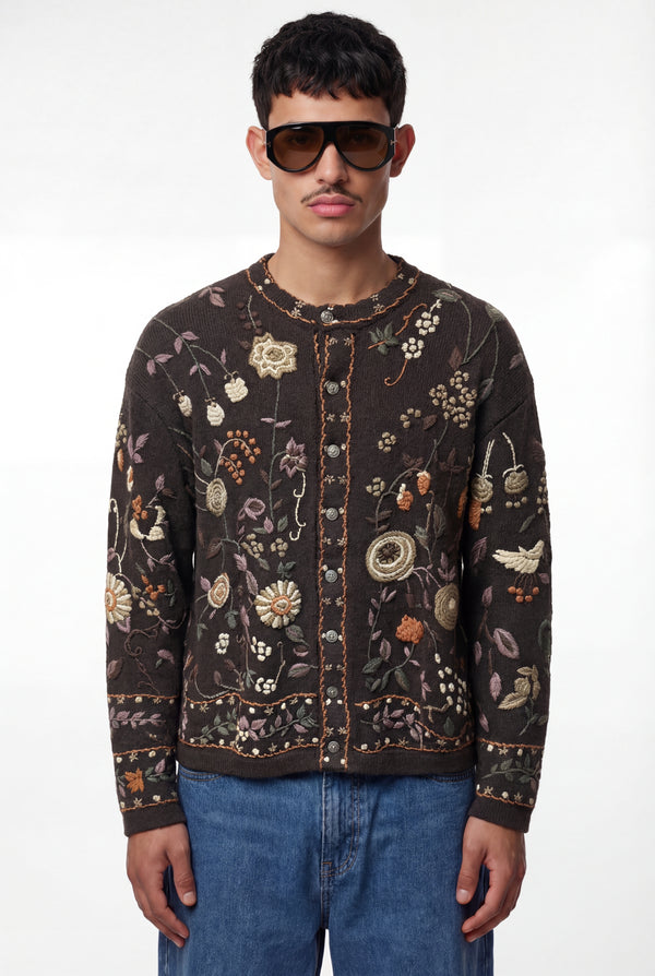 Dark Brown Floral Embroidered Knit Cardigan
