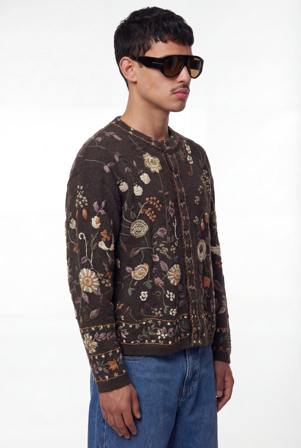 Dark Brown Floral Embroidered Knit Cardigan