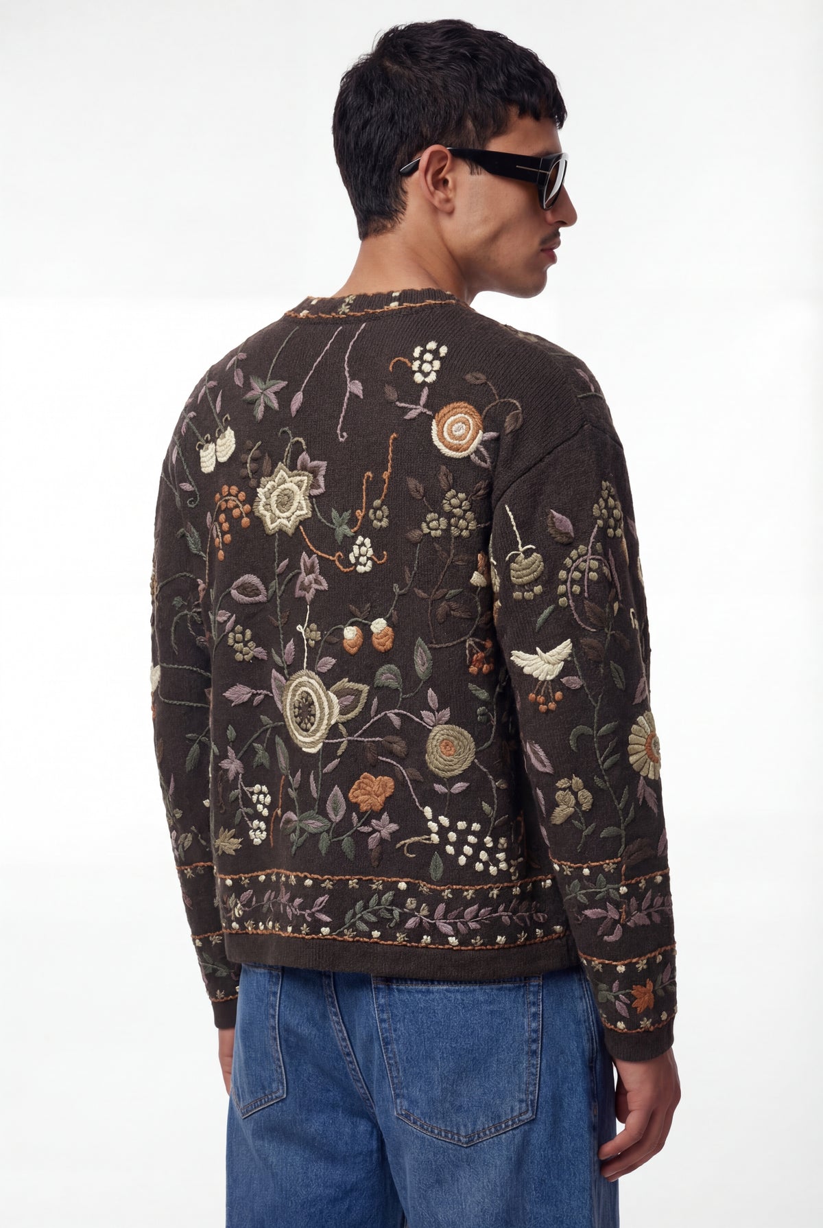 Dark Brown Floral Embroidered Knit Cardigan