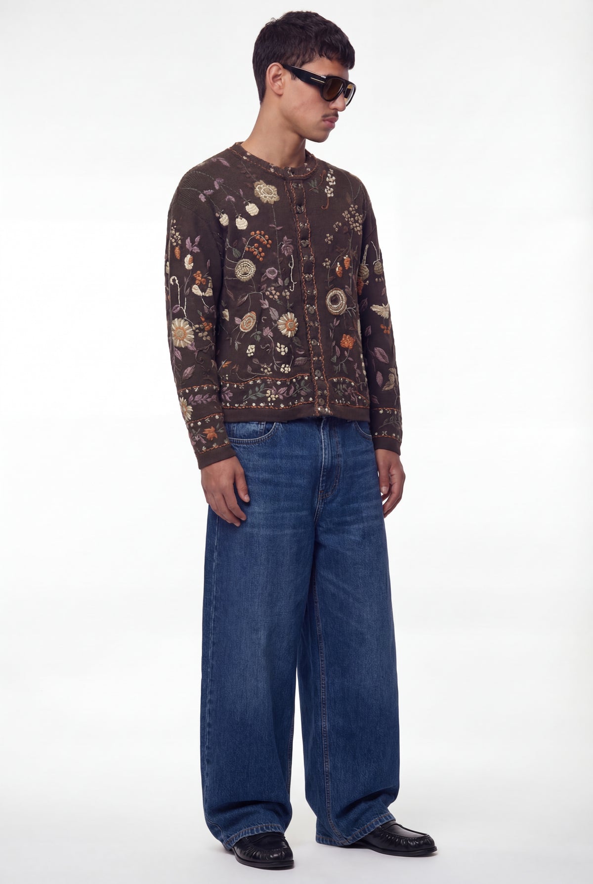 Dark Brown Floral Embroidered Knit Cardigan