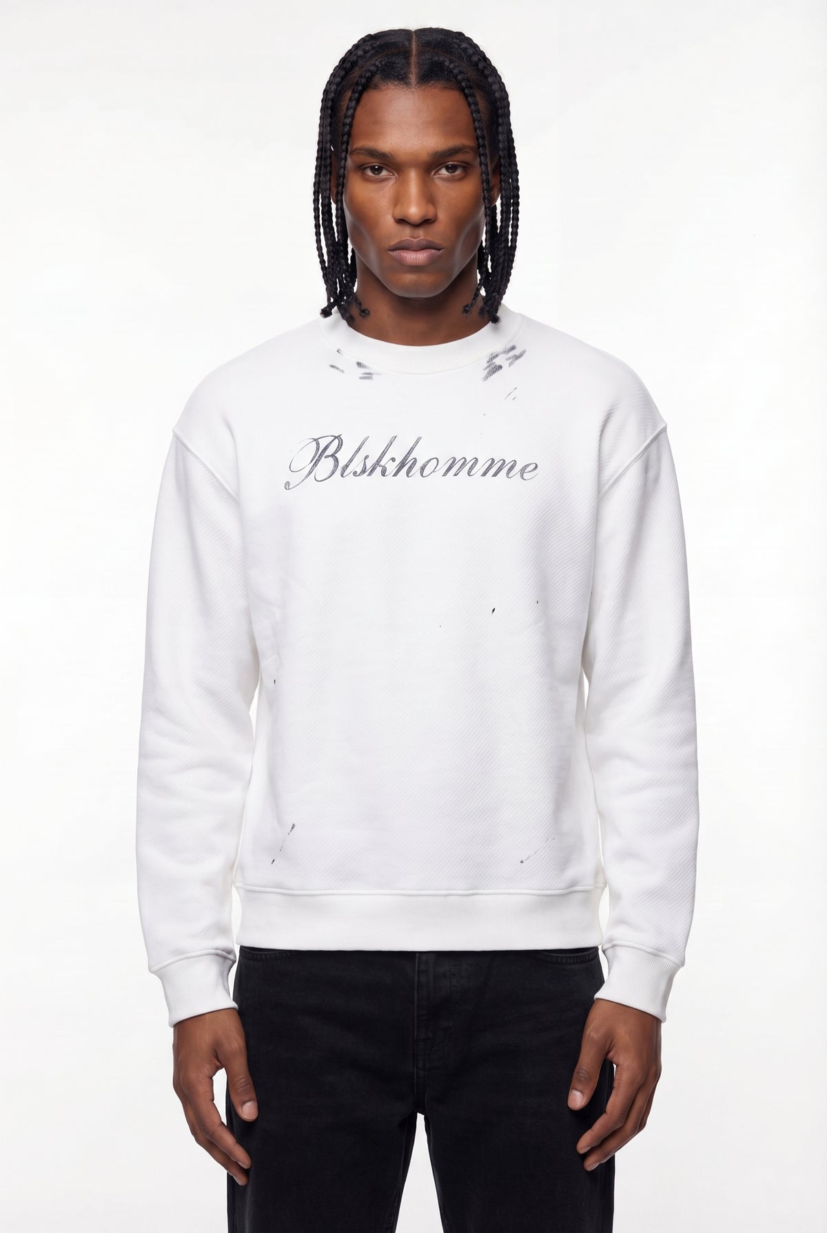 White Blskhomme Script Distressed Sweatshirt