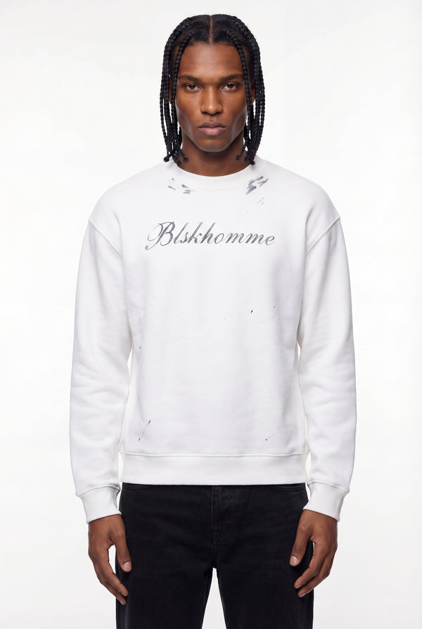 White Blskhomme Script Distressed Sweatshirt