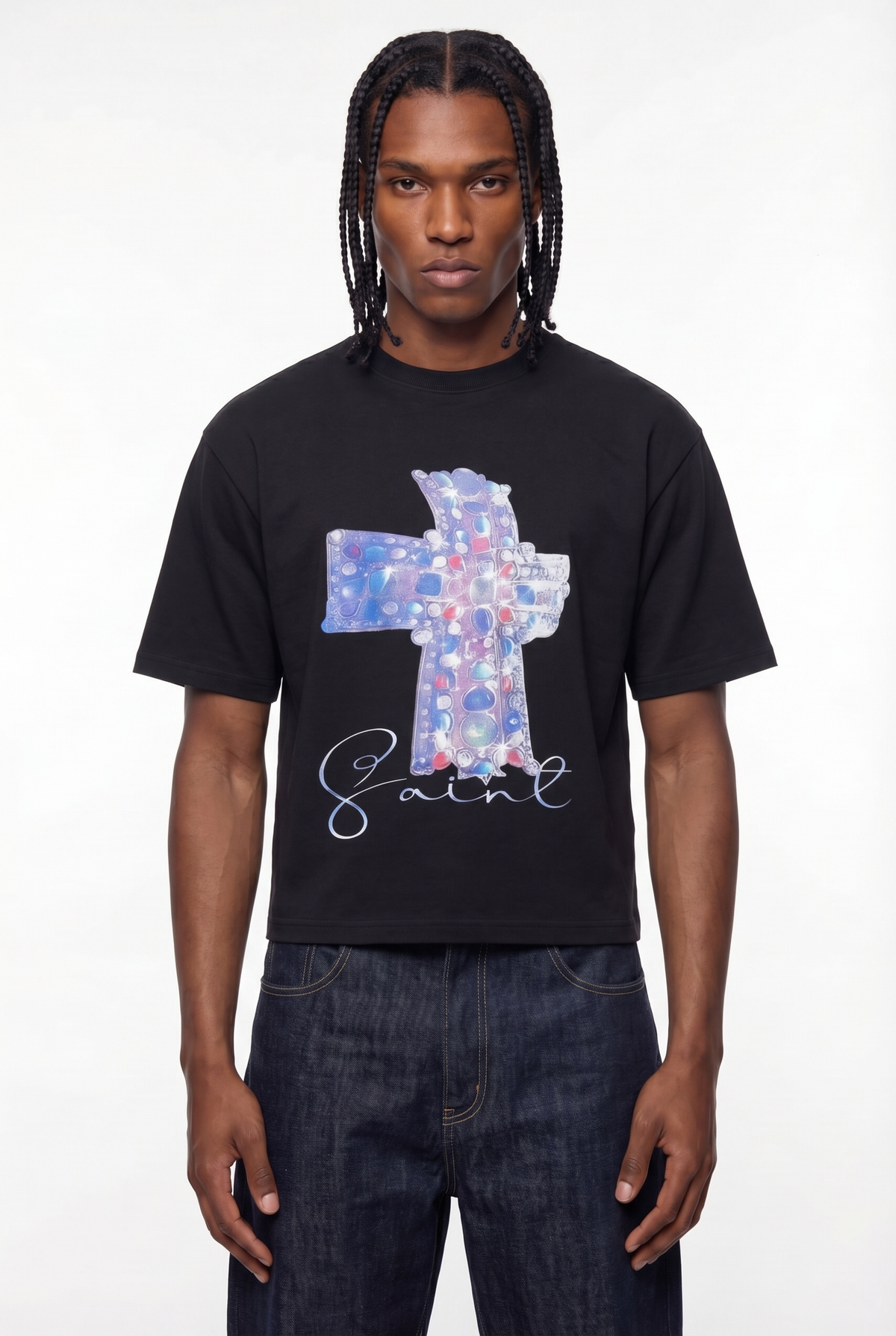 Black Bejeweled Cross Raw Hem T-Shirt