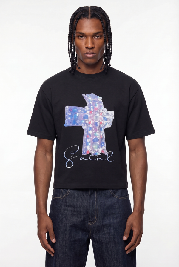 Black Bejeweled Cross Raw Hem T-Shirt