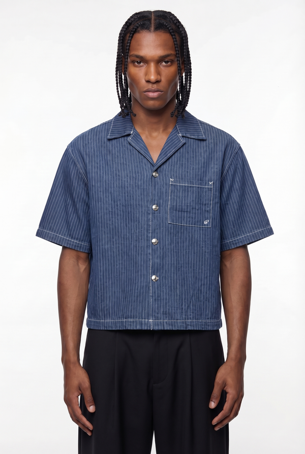 Blue Pinstripe Contrast Stitch Denim Shirt