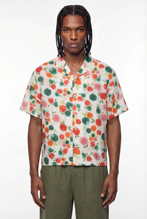 White Watercolor Floral Print Cuban Shirt