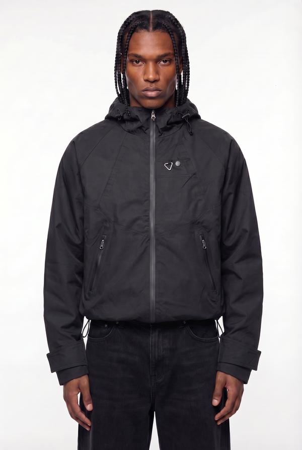 Black Water-Resistant Panelled Hooded Jacket