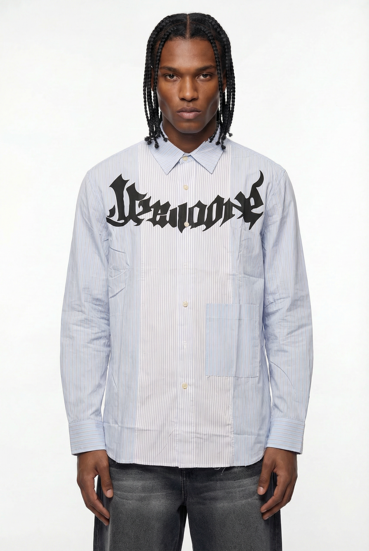 Light Blue Striped Gothic Logo Long-Sleeve Shirt